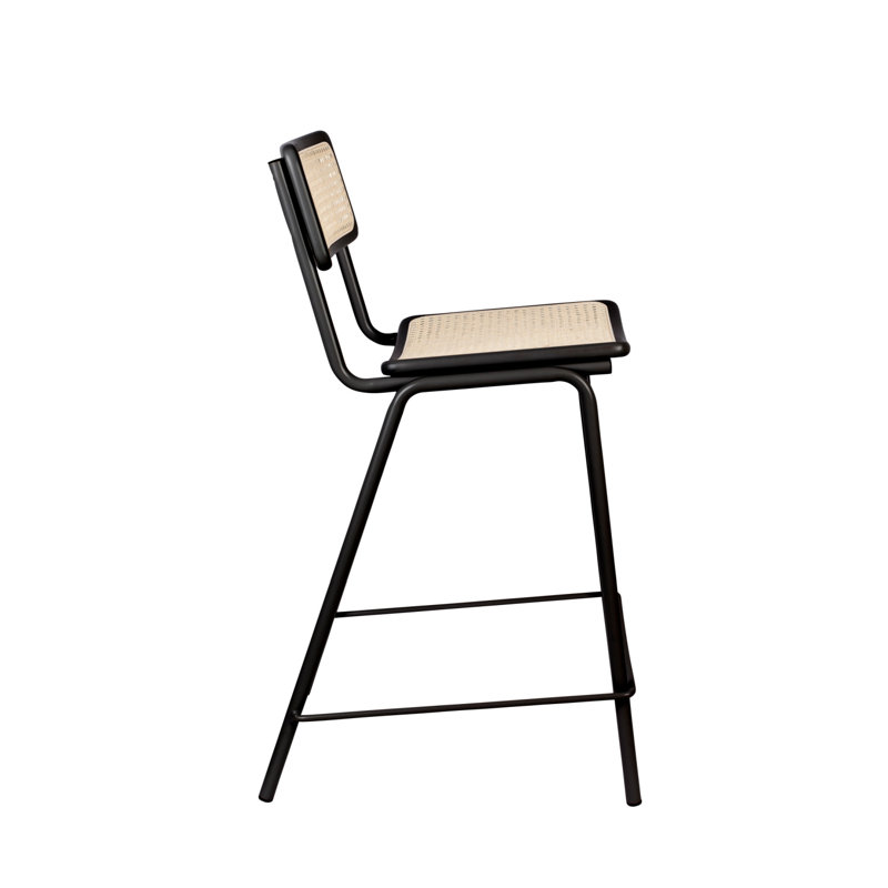 Bauhaus Inspired Black Steel and Wood Counter Stool with Rattan Seat