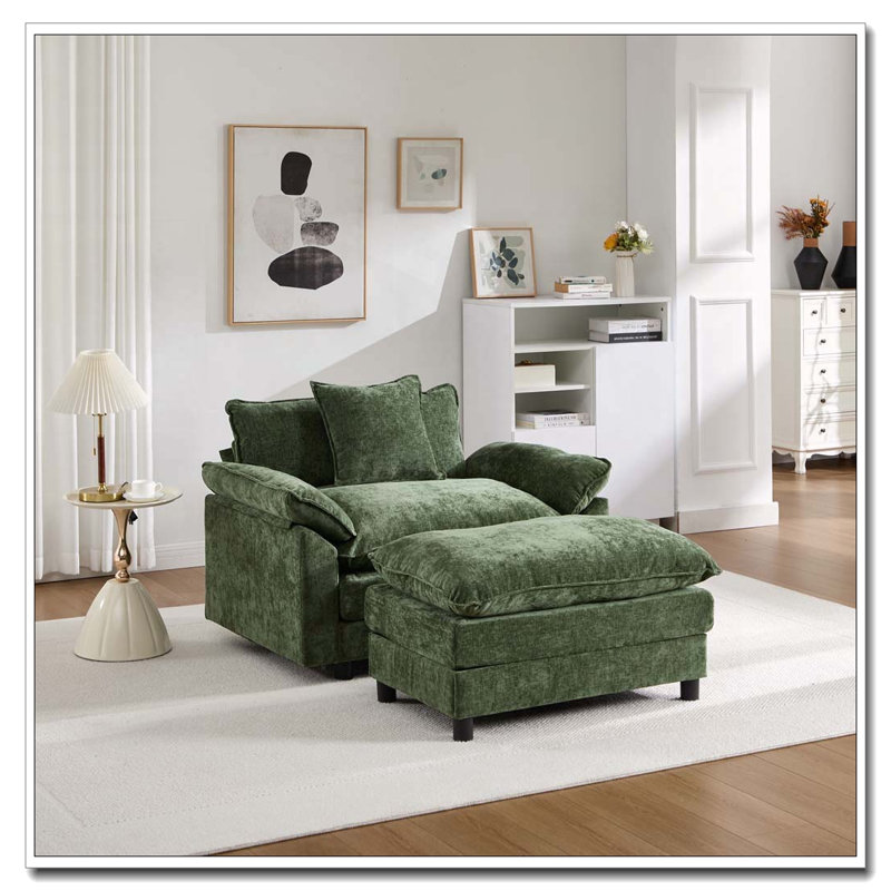 Chaise d'appoint moderne avec revêtement en chenille moelleuse et structure en bois massif, Green Fabric