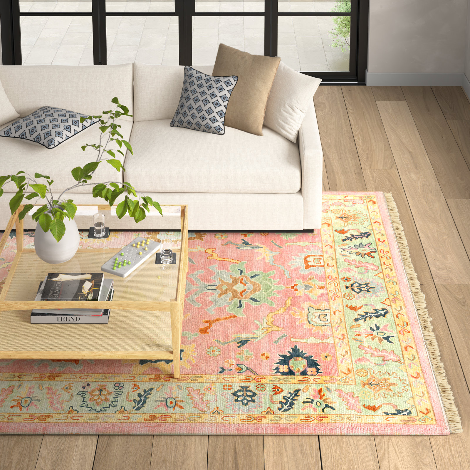 Morrisson Pink Green Hand-Knotted Oriental Rug, Rectangle 8' x 11'