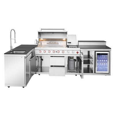 Barbecue pour îlot de cuisine en acier inoxydable à 6 brûleurs 99000 avec évier, rangement, réfrigérateur, armoire d'angle, arrière pour rôtir, cuisson latérale, housses de protection contre les intempéries, américain