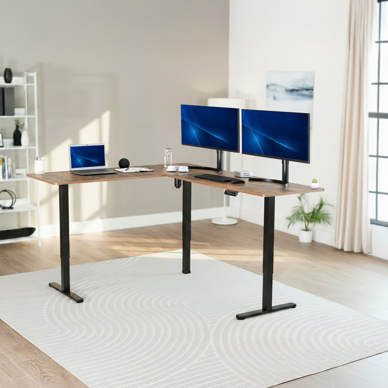 Bureau debout d'angle électrique VIVO, Brun rétro / noir, 75 po x 63 po