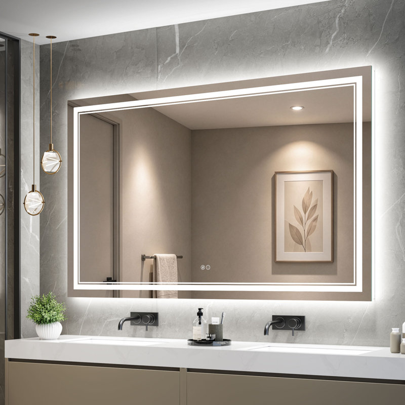 Miroir de salle de bain rectangulaire sans cadre à DEL avant et rétroéclairé avec double éclairage DEL, intensité variable 3 couleurs, antibuée