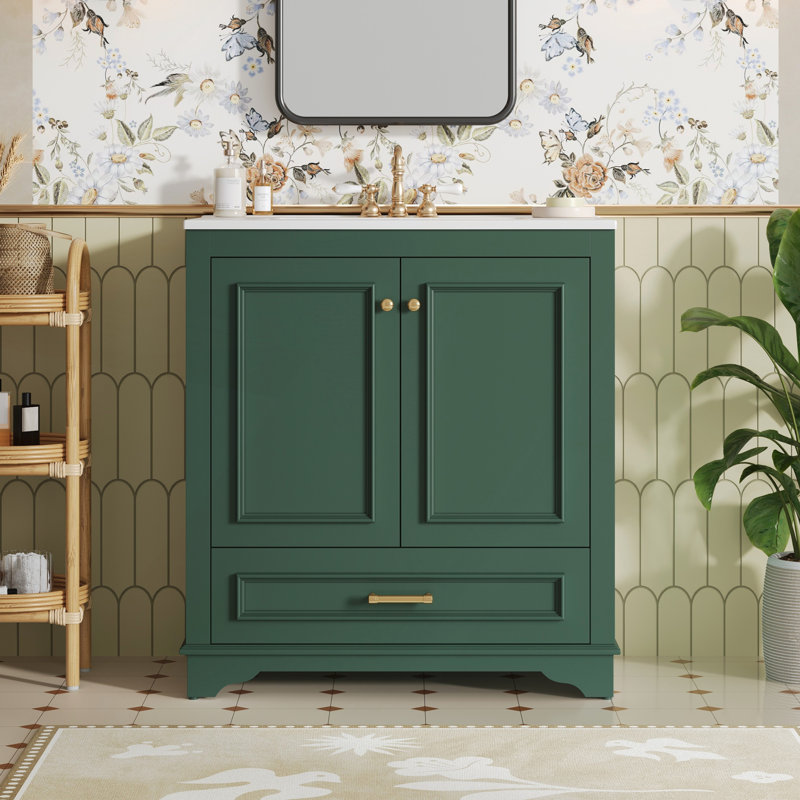 Meuble-lavabo de 30 pouces avec lavabo en céramique, 2 portes à fermeture douce et cadre en bois massif pour un rangement élégant