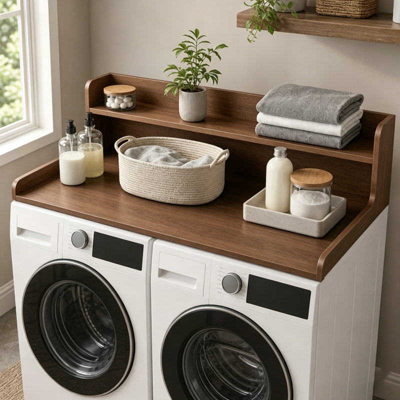 2-tier Washer Dryer Countertop Shelf, Wood Laundry Counter Topper With Edge Guard, Multi-functional Storage Organizer For Laundry Room