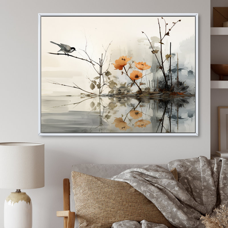 «Asian Art Sumi Bird Serenity XVIII», reproduction d'art sur toile, H 12 po x l 20 po x P 1 po, Cadre flottant blanc