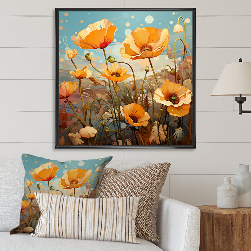 Jaune et vert Poppy Meadows 1 - coquelicots, art mural, H 30 po x l 30 po x P 1,5 po, Cadre flottant noir