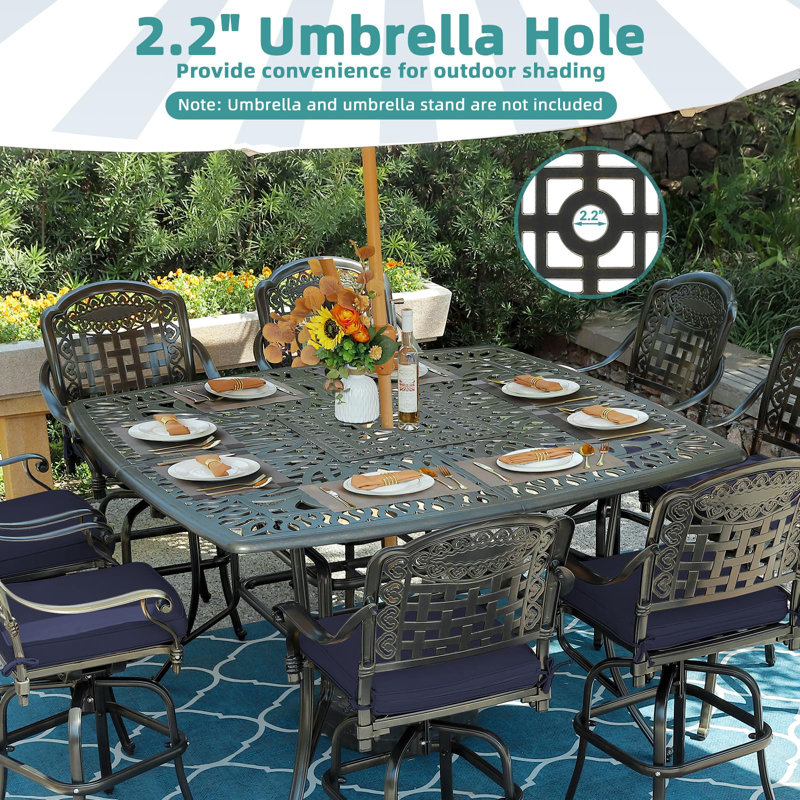 9-piece Outdoor Patio Swivel Bar Set, All Weather Cast Aluminum High Top Patio Bar Furniture With 8 Cushioned Swivel Bar Stools, Large 64" Square Patio Bar Height Table, 2.2" Umbrella Hole