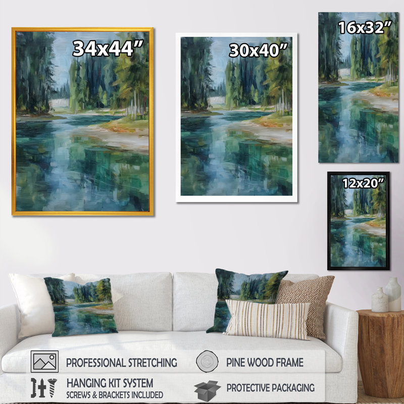 «Pine Trees Fraser River Calming Current», reproduction d'art sur toile, paysage vert, H 60 po x l 28 po, Cadre flottant