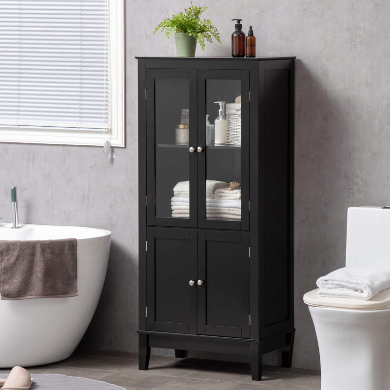Armoire de salle de bain avec 2 armoires de rangement, porte en verre trempé, tour à linge autoportante avec tablettes réglables pour le salon