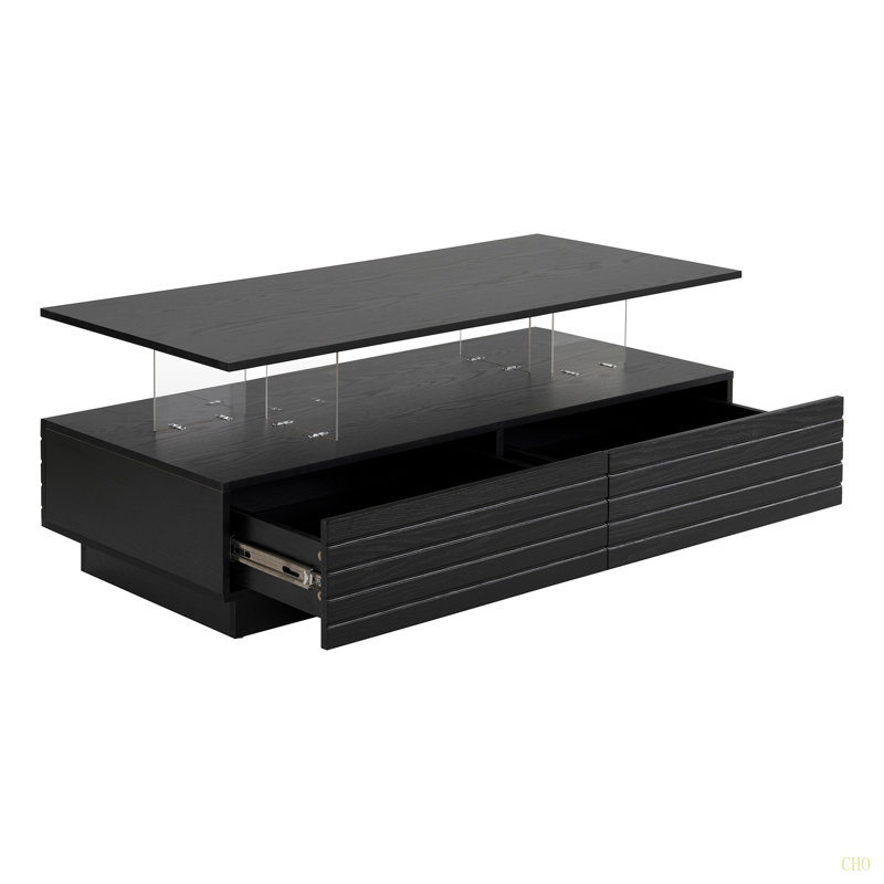 Modern Rectangular LED Lights Coffee Table With 2 Drawers In 47.2", Black