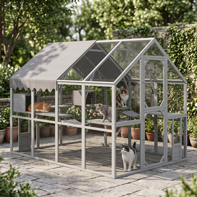 112" Large Outdoor Catio Enclosure, 57.24 sq ft Wooden Cat House with Waterproof UV Protection Canopy, Cat Patio with Platforms, Bridges & Houses