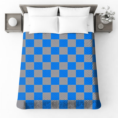 Blue Gray Checkerboard Quilted Bedspread All Sizes