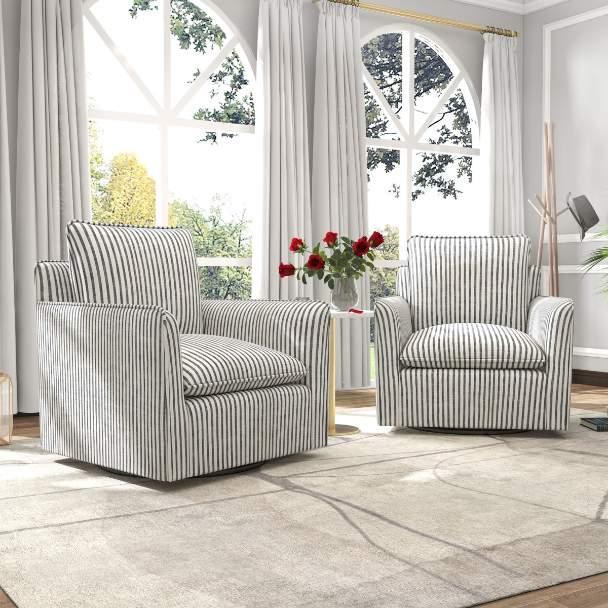 Romines 29.7" W Modern Soft Stripe Upholstered Swivel Barrel Chair with Removable Cushion (Set of 2)