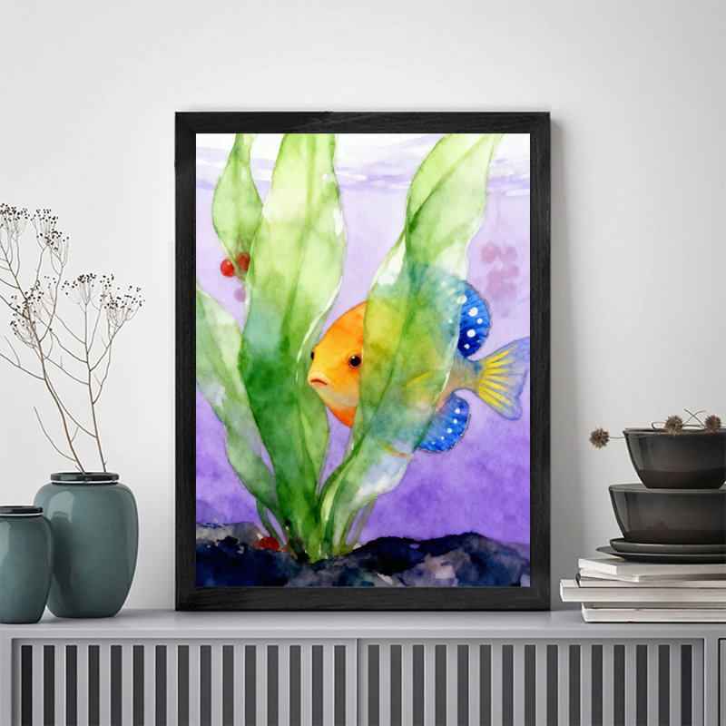 Cadre noir rétro, magnifique monde sous-marin, mignon petit poisson, impressions encadrées de style rétro, H 17 po x l 13 po