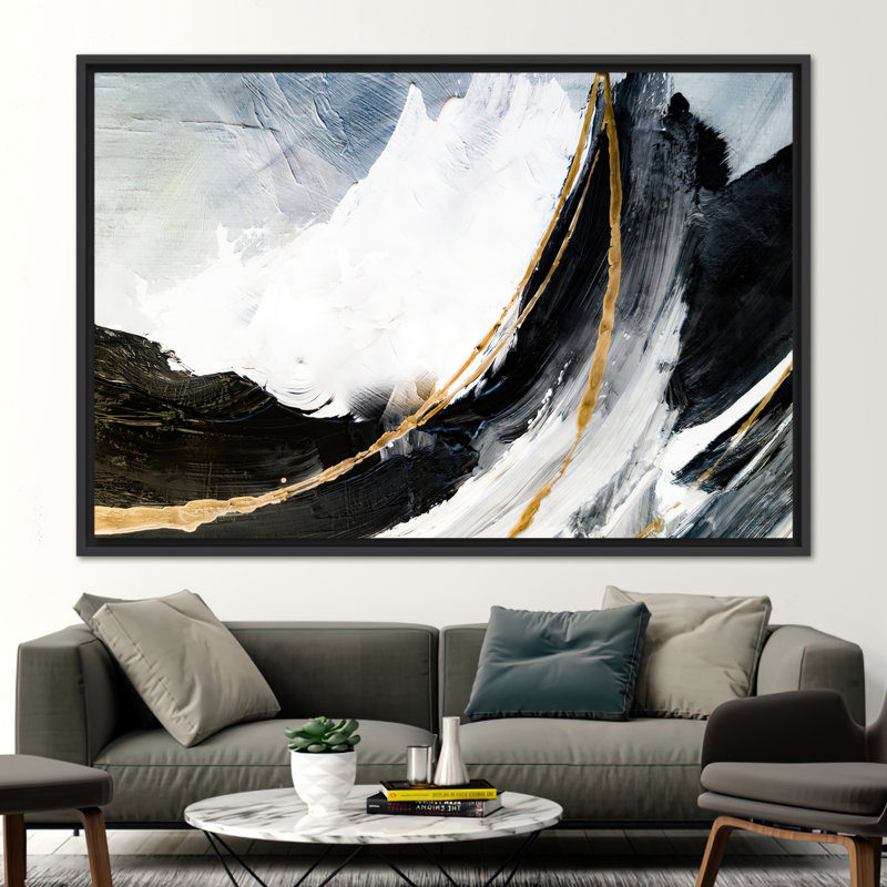 Modern Black and Gold Marble Printed Wall Art - Luxury Alcohol Ink Painted Canvas, 41" H x 94" W, Black Floater Framed