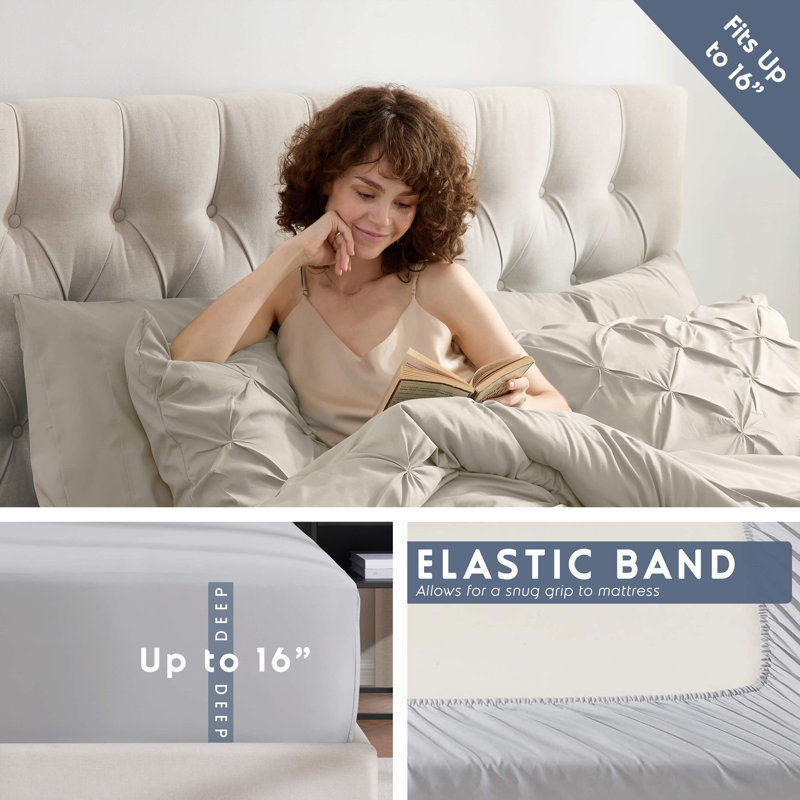 Ensemble d'édredon Bed-in-a-Bag Pinch Pleat avec draps et oreillers rafraîchissants en mousse à mémoire de forme, Beige