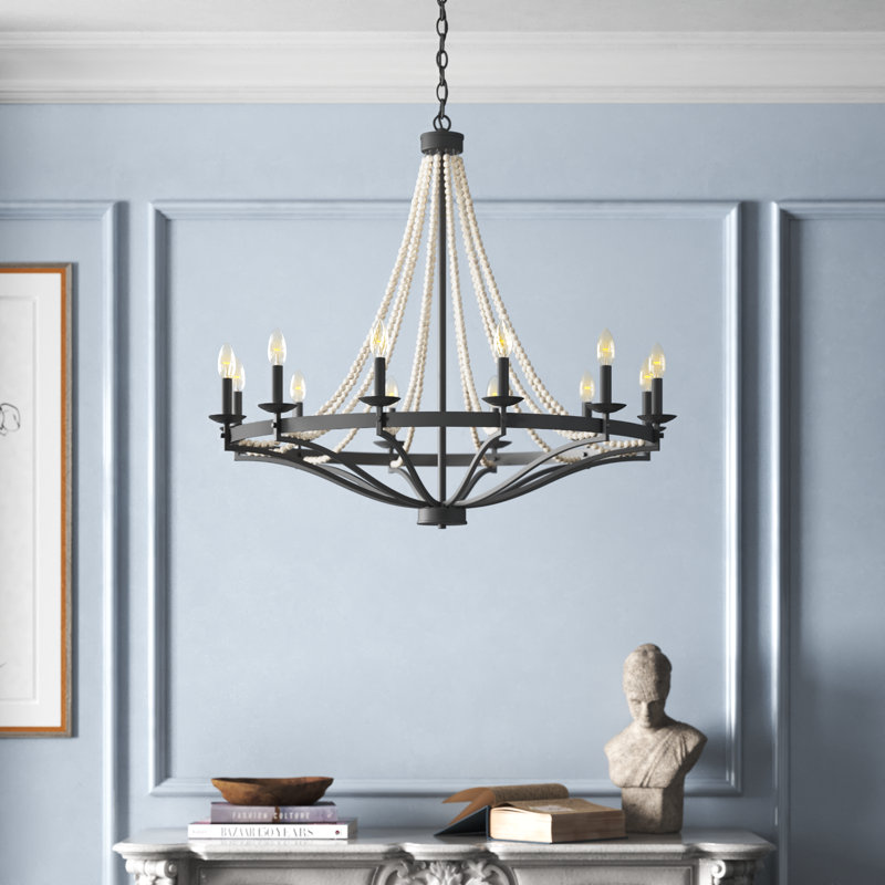 Lustre en forme de bougie à 12 lumières en acier à intensité variable Mattheo certifié UL, Ivoire/noir