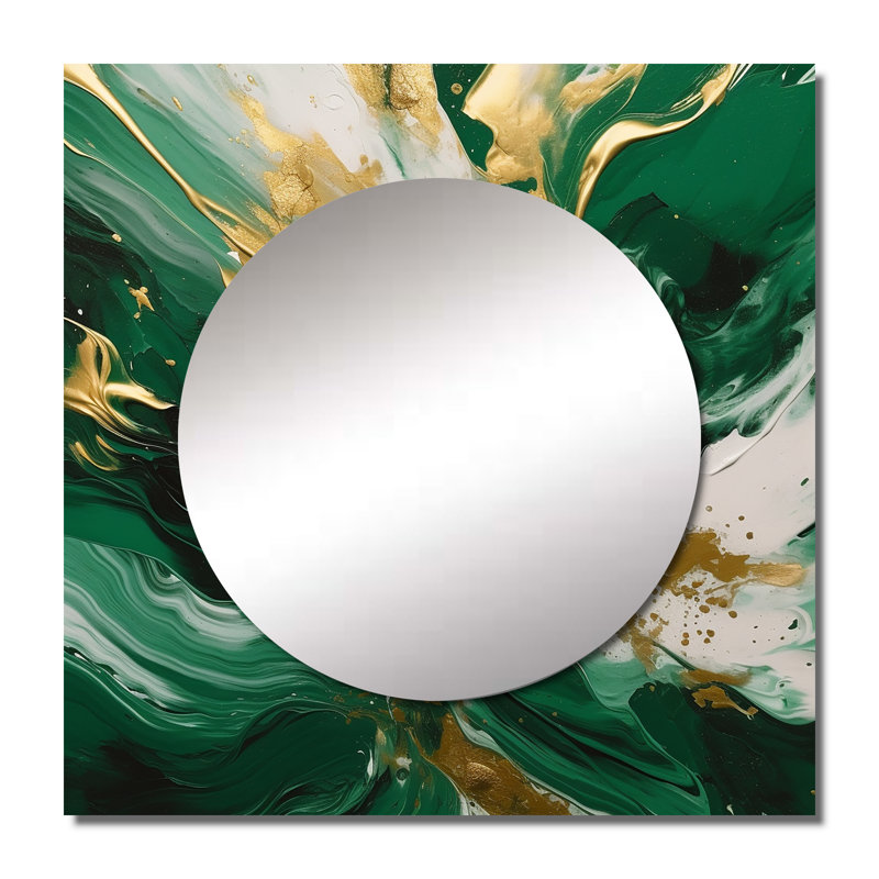 Kutay - Grand miroir carré abstrait vert et or Cascade II pour décor mural, 36 po x 36 po