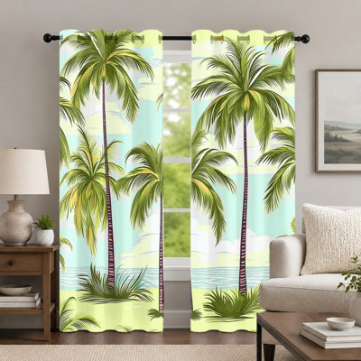 2Pcs Tropical Palm Tree Print Curtains, Botanical Style Curtain, Island Landscape Nature Scenic Printed Art Grommet Drapes, Window Treatment for Bedroom Living Room Decor