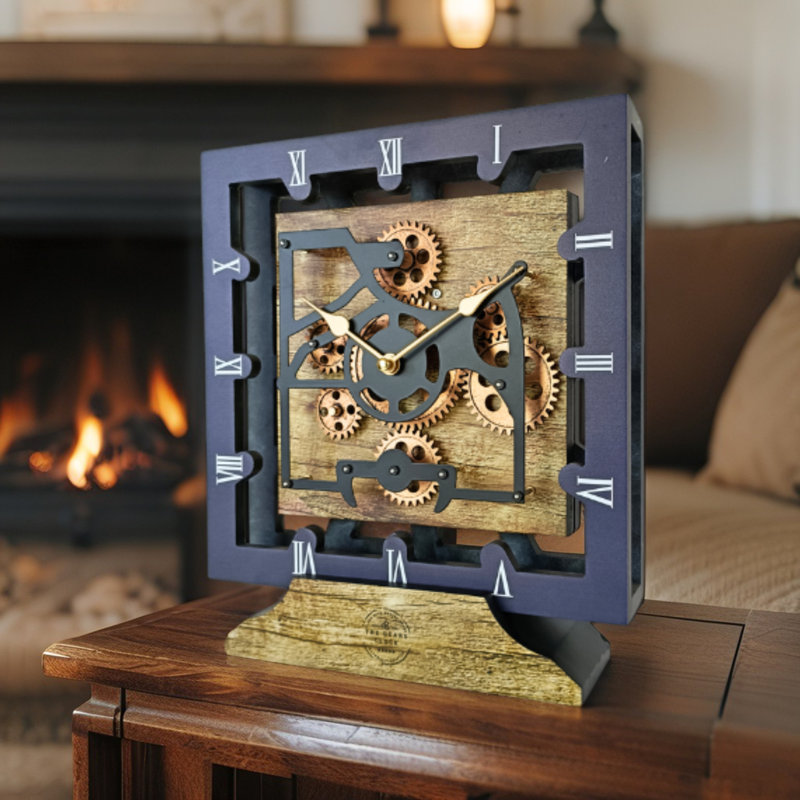 Horloge de bureau carrée en bois 10 pouces avec engrenages mobiles réels (transformable en horloge murale - base amovible) Collection Canada