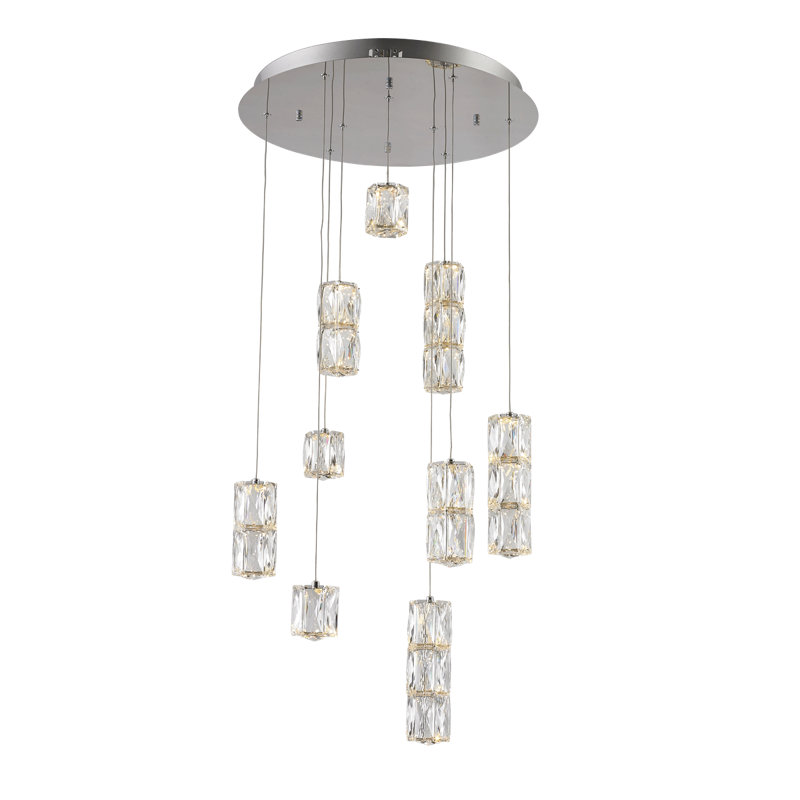 Luminaire suspendu cylindrique à 9 lumières DEL avec accents en cristal Alfee, Chrome
