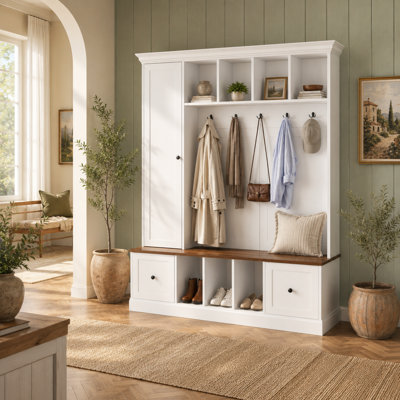 Rittman Horizon 62" Farmhouse Hall Tree with Wrapped Top Panel, 7 Open Cubbies, Adjustable Cabinet, 220 lb Shoe Bench, and Anti-Tip Hardware