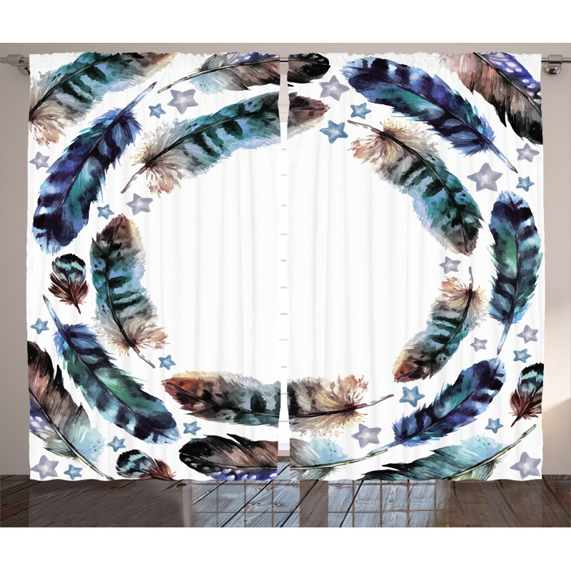 Feather with Curved Little Star Decor Graphic Print Semi-Sheer Rod Pocket Curtain Panels, 54" W x 90" L