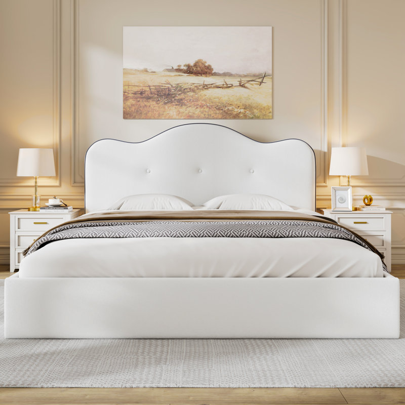 Très grand lit plateforme tapissier, beige, Très grand lit