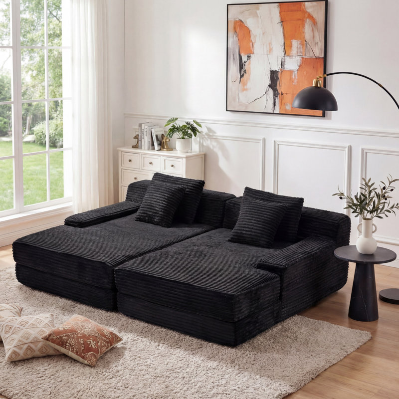 Méridienne surdimensionnée double en flanelle avec 4 coussins Eliam, rembourrée de mousse pure, aucun assemblage requis, noir