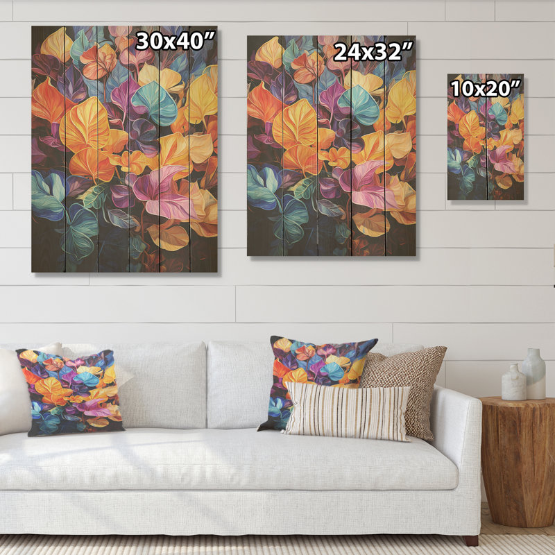 Feuilles lumineuses colorées - Art mural en bois sur bois de pin naturel, H 40 po x l 30 po