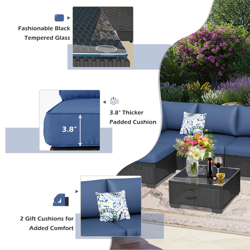 Pe Rattan Outdoor Wicker Sectional Furniture Chair Set With Cushions And Tea Table, Dark Blue