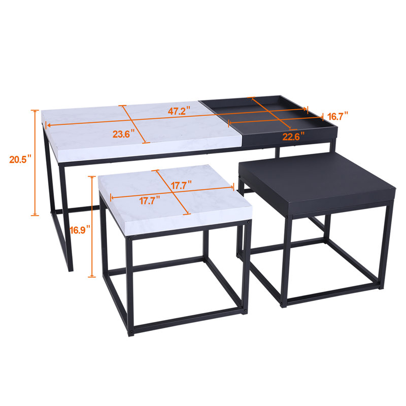 Ensemble de tables basses 3 pièces Alpha Home, Blanc / noir