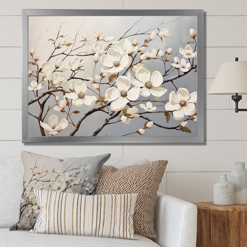 Reproduction sur toile White Dogwood Blossom Harmony IV, Cadre de coin argenté fermé, H 24 po x l 32 po x P 1 po
