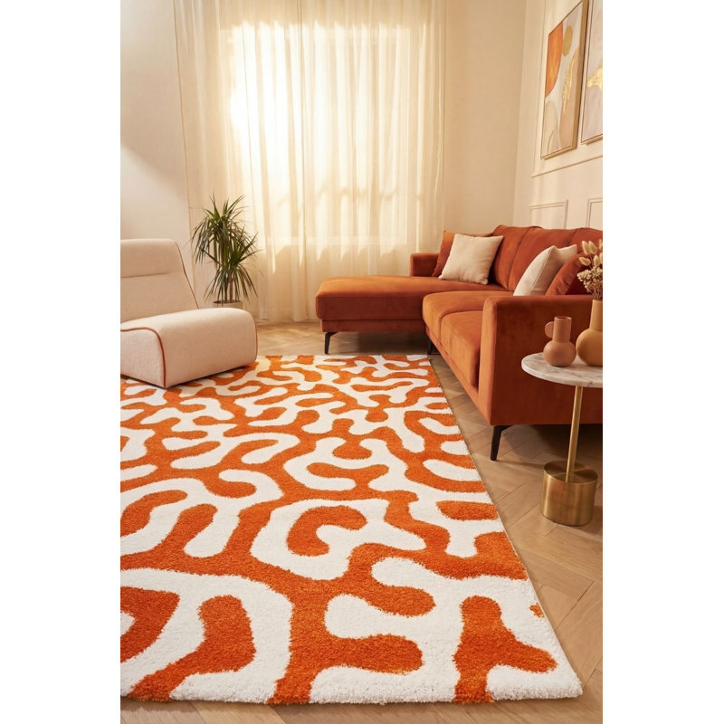 Joli Abstract Doodle Area Rug Soft Dense Pile for Living Rooms and Bedrooms, Rectangle 80 x 150 cm, Orange/White