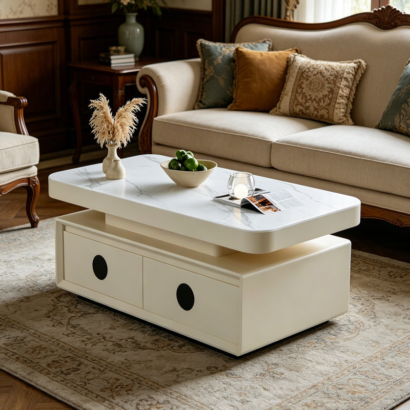 Table basse à 4 tiroirs Modern Minimalisme, Blanc, H 17,71 po x L 43,3 po x l 23,62 po