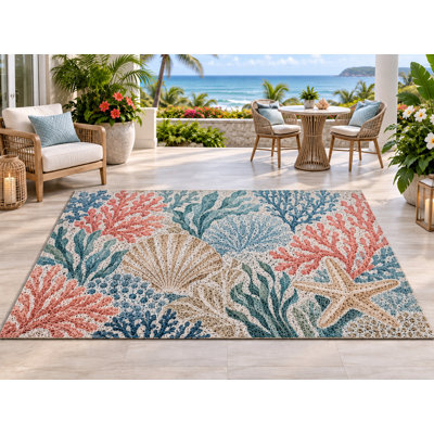 Tapis d'extérieur 152 x 213 cm (5' x 7') à motif corail, coquillages et étoiles de mer, style côtier, épais, imperméable, en PVC bouclé, résistant et à séchage rapide, idéal pour terrasse, balcon, VR et autres espaces de vie.