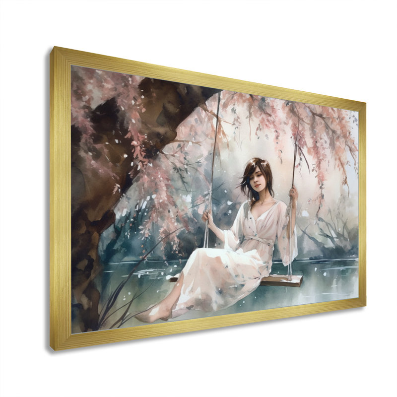 Superbe femme sous un saule IV sur toile, H 24 po x l 32 po x P 1 po, Encadrement doré