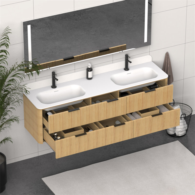 Meuble-lavabo cannelé en chêne doré 72 po avec lavabo intégré et quincaillerie noire