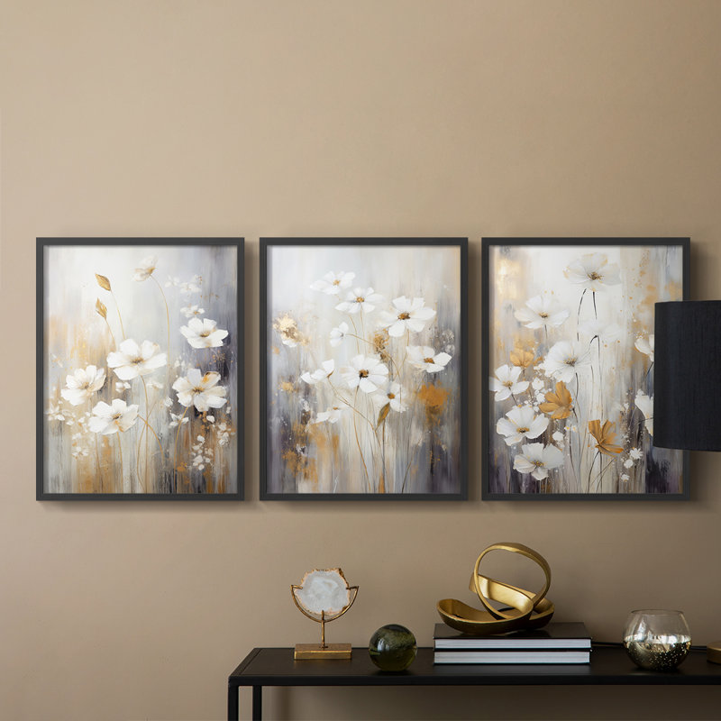 Floral Study Series XCVI -Set de 3 estampes numériques giclées -Prêt à accrocher, Cadre noir, H 20 po x l 16 po