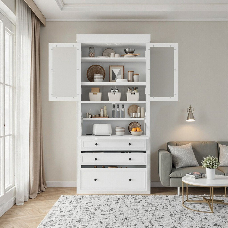 78" Freestanding Kitchen Pantry Cabinet With Power Outlet 3 Drawers & Adjustable Shelves, White