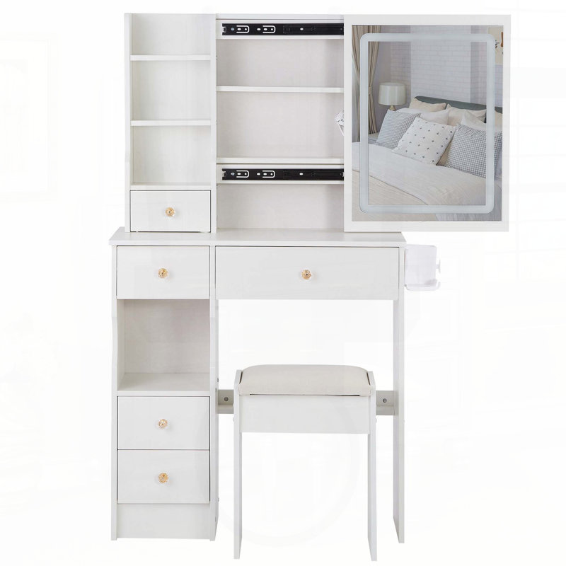 Ensemble de meuble-lavabo de luxe avec miroir DEL, centrale électrique et support pour sèche-cheveux, White