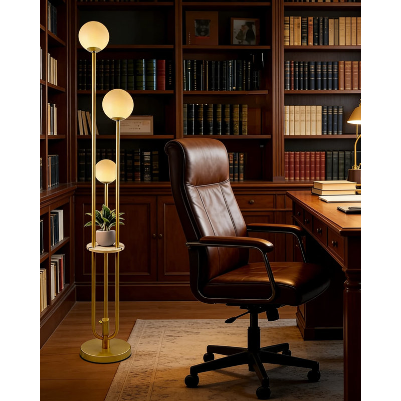Lampe sur pied moderne à DEL avec tablette intégrée - lampe sur pied à intensité variable avec 3 abat-jours sphériques givrés pour le salon, la chambre à coucher ou le bureau