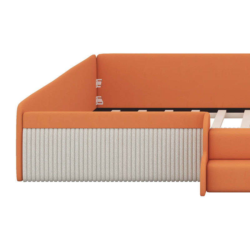 Velvet Upholstered Daybed With Stairs & Gas Lift Storage Ottoman, Contrast Color, Padded Guardrails, Brown/White, King
