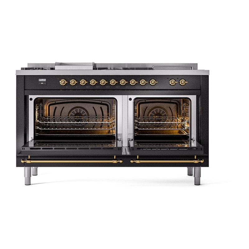 ILVE Nostalgie II Noblesse 60 in Dual Fuel Range 7 Burner, Griddle, Frenchtop, Glossy Black/Brass, Natural Gas