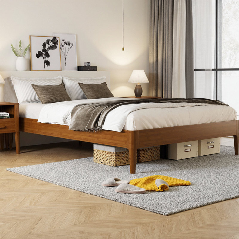 15 Inch High Solid Bamboo Platform Bed Frame with Metal Support, Modern Minimalist Wood Slat Base, No Box Spring Needed, Noise-Free, Easy Assembly