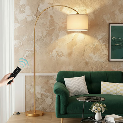 Arc Gold Floor Lamp 75" with Remote Control, Dimmable & 3 Color Temperatures, Memory Function, Arched Standing Lamp with Linen Shade, LED Bulb Included & Cast Iron Base for Living Room Bedroom