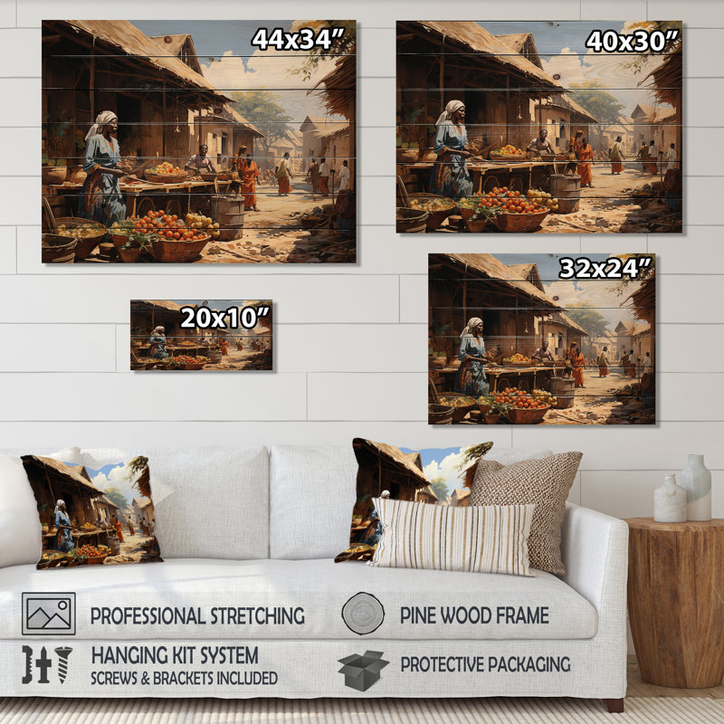 African Vibrant Market II sur impression sur bois, H 24 po x l 32 po x P 0,78 po