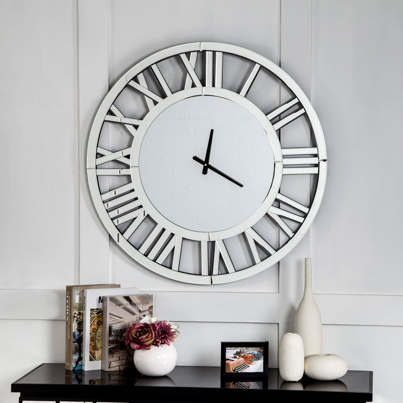 Acrylic Glass Mirrored Wall Clock Glass Silver Accent Clock, 60cm H x 60cm W x 3.5cm D