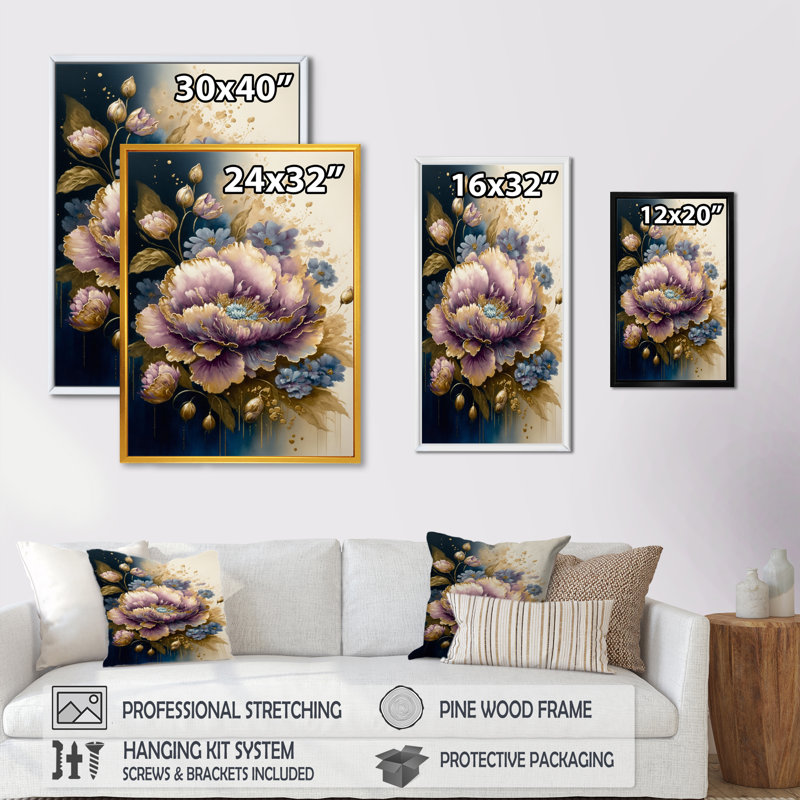 " Purple And Gold Floral Bouquet I " Painting Print, 32" H x 24" W x 1" D, Gold Floater Framed Canvas