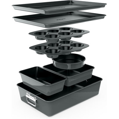 Ensemble de 8 plats de cuisson empilables antiadhésifs Nuthausf - PFOA, PFOS, ensemble de plaques de cuisson sans PTFE avec revêtement antiadhésif, allant au four à 450 ° F, gâteau rond, pain, muffins, plats larges / carrés, plaque à biscuits (gris)